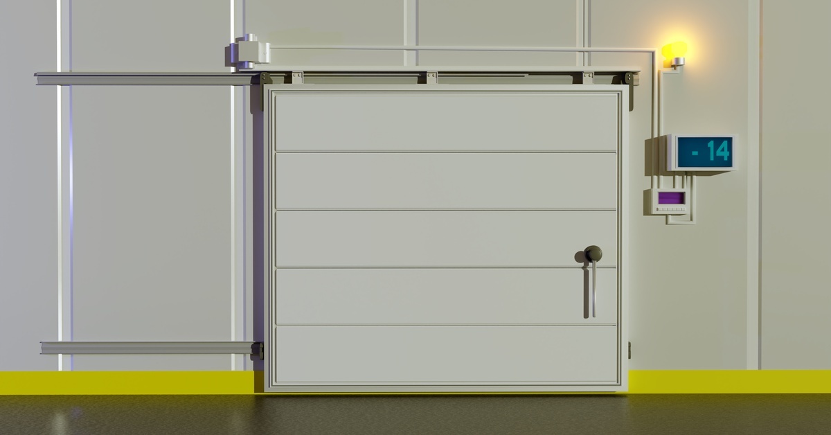 A large, white, horizontally sliding freezer door. Next to the door is a panel that reads "-14" with blue numerals.