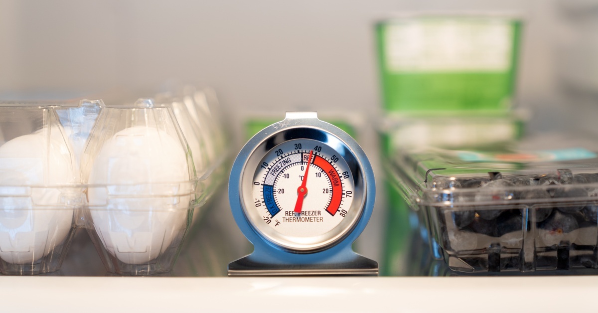 A close-up view of a refrigeration safety gauge displaying a safe-food storage temperature. It sits next to eggs and blueberries.